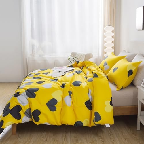 Caressma Farmhouse Yellow King Size Comforter Set 3 Pieces Bedding Set with Black Heart All Season Fluffy Soft Lightweight(1 Comforter & 2 Pillowshams) - Image 3