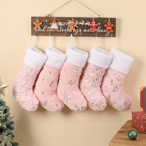 Pink Christmas Stockings Set of 5 - Lage Elegant Faux Fur Xmas Stockings with Silver Christmas Tree Snowflake Designs, Pink Christmas Decoration for Holiday Party Home - Image 5
