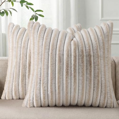 Pallene Faux Fur Decorative Throw Pillow Covers 24x24 Set of 2, Ombre Beige by PALLENE