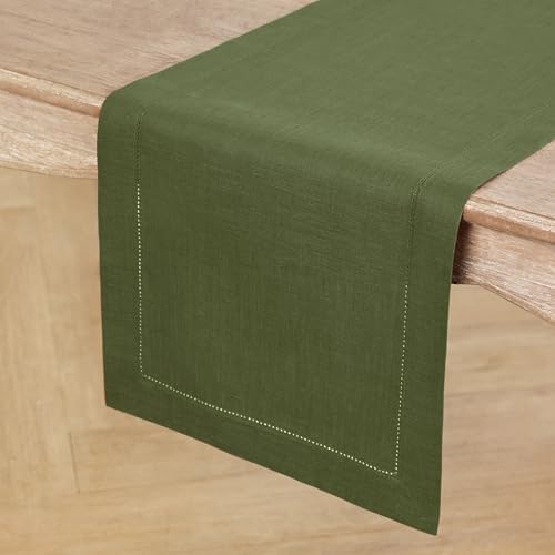 Solino Home 100% Pure Linen Table Runner Olive Hemstitch, 14 x 90 in - Image 2