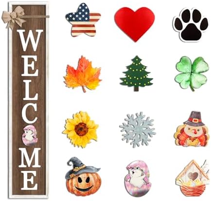 Interchangeable Welcome Sign 12 Pcs Replaceable Icons 45"X9" White Wood by Surfapans