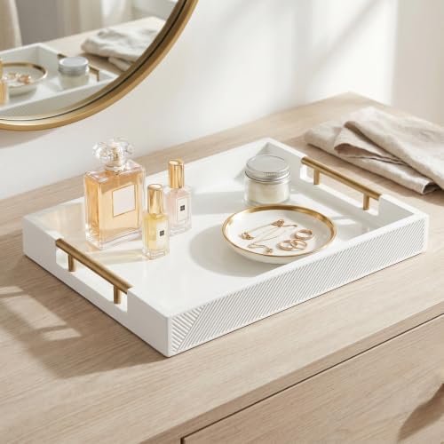 Decorative Serving Tray, Modern Rectangle Wood Tray with Polished Metal Handles, Glossy Finish, 16.5x12 Inch, for Coffee Table, Ottoman (White) - Image 6