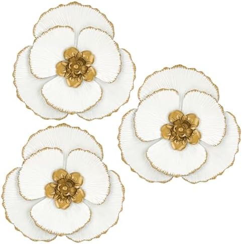 DILATATA 3 Pcs Metal Flower Wall Art Set 10 Inch Rustic Modern Floral Sculpture 3D Metal Flower Wall Hanging Accent for Indoor Living Room Bedroom Kitchen Bathroom Garden Patio Decor - White by DILATATA