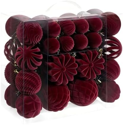 48 Pcs Velvet Christmas Ball Ornaments,Flocked Christmas Tree Decorations,Xmas Tree Decor,Hanging Balls Ornaments with Loop,Decoration for Xmas,Holiday,Wedding,Home Decor,Multi-Shape (Burgundy) by Syagnos