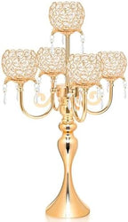 5 Arm Gold Candle Holder 22.5 Inch Tall Crystal with Pendant, Romantic Home Decor Elegant Candlestick Holder for Dates Wedding Receptions Holiday Party Important Events by kehail