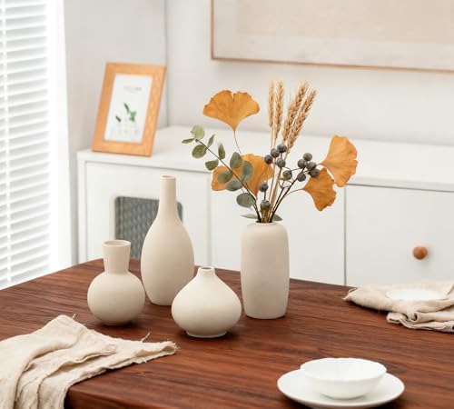 Beige Ceramic Vase Home Decor Small Flowers Vase Set of 4 Living Room Decoration Bookshelf Bedroom Kitchen Dining Table Modern Farmhouse - Image 6