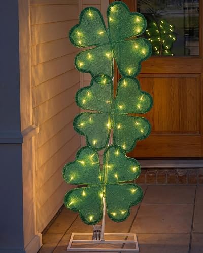 VIHOSE St Patricks Day Shamrock Shape Lights Yard Signs 41 Inch H Pre-lit Lighted Decor with 50 Warm White Lights Irish Day Four Leaf Clover Decoration for Indoor Outdoor Porch Garden Lawn by VIHOSE