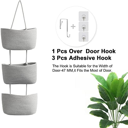 TeoKJ Over the Door Hanging Basket, 3-Tier Woven Cotton Wall-Mounted Storage Organizer Bag Decorative Hanging Nursery Baskets, Gray - Image 6