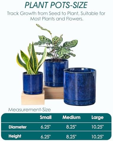 vancasso Ceramic Planters, Plant Pots for Indoor Plants, 6.25+8.25+10.25 Inch Ceramic Pots for Plants, Flower Pots with Drainage Holes (Blue, 6.25+8.25+10.25 Inch) - Image 3