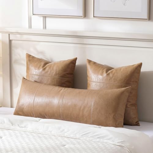 Fancy Homi Light Brown Boho Long Lumbar Faux Leather Decorative Throw Pillow Covers 14x36 Inch for Living Room Couch Bed Sofa, Hand Stitched Rectangle Cushion Case, Rustic Modern Farmhouse Home Decor - Image 3