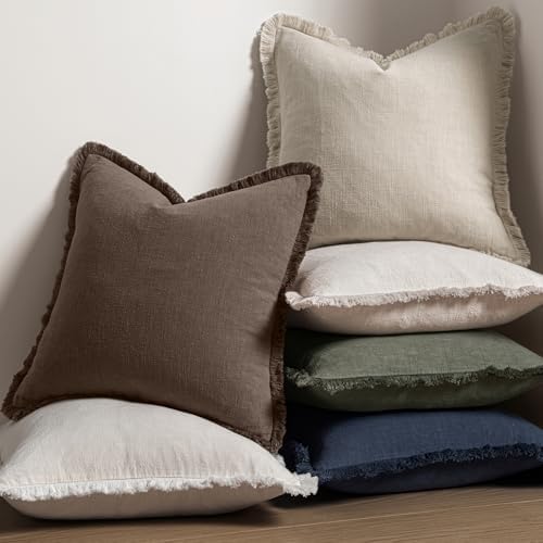 MIULEE Linen Fringe Decorative Fall Euro Pillow Covers Reddish Brown 24x24 - Image 5