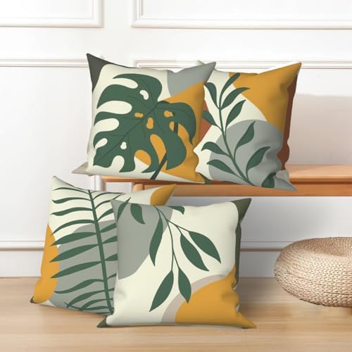 4 Pcs/Set Leaves Throw Pillow Covers Boho Spring Summer Watercolor Green Leaf Nature Botanical Plants Minimalist Linen Pillow Cases for Sofa Couch Outdoor Decorative, 24"x24" - Image 4