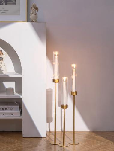 Romadedi Tall Glass Hurricane Candle Holder Gold for Taper Sticks, Set of 3 by ROMADEDI