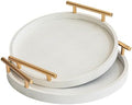 2 Piece White Round Serving Tray with Handles, Woven-Texture Faux Leather Ottoman Tray for Living Room, Decorative Tray for Coffee Table Home Decor by MACVAD