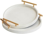 2 Piece White Round Serving Tray with Handles, Woven-Texture Faux Leather Ottoman Tray for Living Room, Decorative Tray for Coffee Table Home Decor by MACVAD