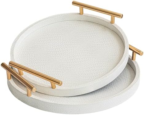 2 Piece White Round Serving Tray with Handles, Woven-Texture Faux Leather Ottoman Tray for Living Room, Decorative Tray for Coffee Table Home Decor by MACVAD