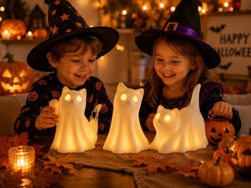 3PCS Ceramic Ghost Cat Light Up Decor Cat Ghost Halloween Decor - Image 3