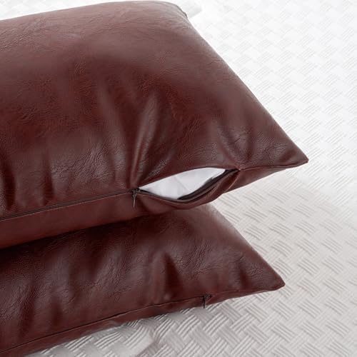 Fancy Homi Burgundy Boho Long Lumbar Faux Leather Body Decorative Throw Pillow Cover 14x36 Inch for Bed Couch Sofa Bench, Thick Stylish Solid Wine Red Pillowcase, Rustic Modern Farmhouse Room Decor - Image 3