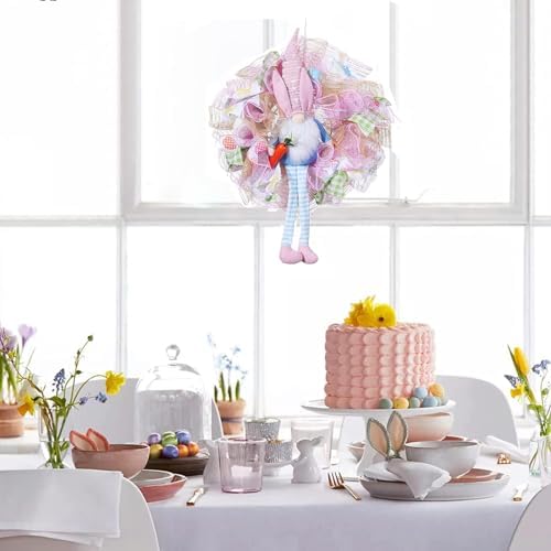 Easter Wreaths for Front Door with Lights,Easter Door Wreath,Easter Mesh Wreath,Bunny Spring Colorful Easter Decorations Holiday Ornament for Home Indoor Outdoor Supplies (Pink Long Leg) - Image 2