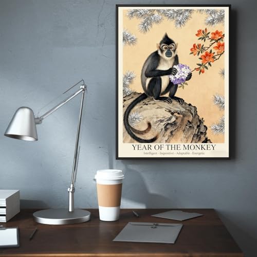 Elegant Chinese Zodiac Wall Art - Lunar Year of the Monkey Poster with Purple Hydrangeas and Orange Rhododendrons for Home Aesthetics and Room Decor 24X36 in Black Framed - Image 6