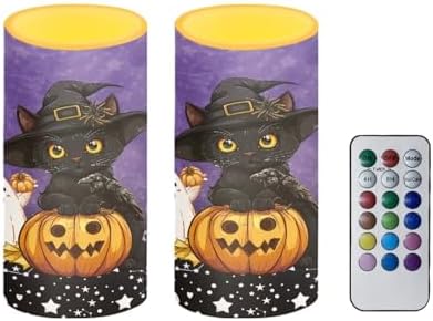 Halloween Flameless Candles with Remote, 2 Pack LED Battery Operated Candles for Halloween Party Multicolor Flameless Electric Pillar Candle with Black Cat Ghost - Image 2