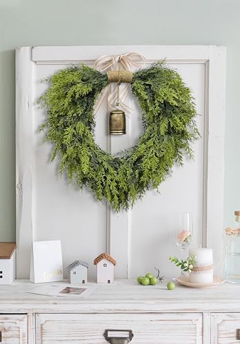 20" Heart-Shaped Wreath for Front Door – Faux Greenery with Rustic Bell – Waterproof & Fade-Resistant Christmas Decor for Porch, Holiday Wall or Indoor Use - Image 4