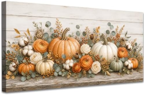 WAXWHELK Pumpkin Fall Canvas Wall Art, Autumn Thanksgiving Rustic Farmhouse Painting Pictures, Floral Pumpkin Artwork for Living Room Bedroom Home Decor (16"x32") by Unknown