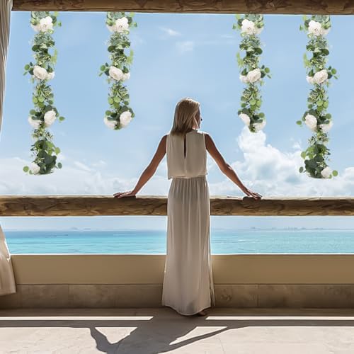 6Pcs 35Ft Eucalyptus Garland with Flowers, Faux Greenery Garland Vines, Artificial Flower Garlands for Wedding Table Backdrop Arch Wall Party Ceremony Decorations - Image 4