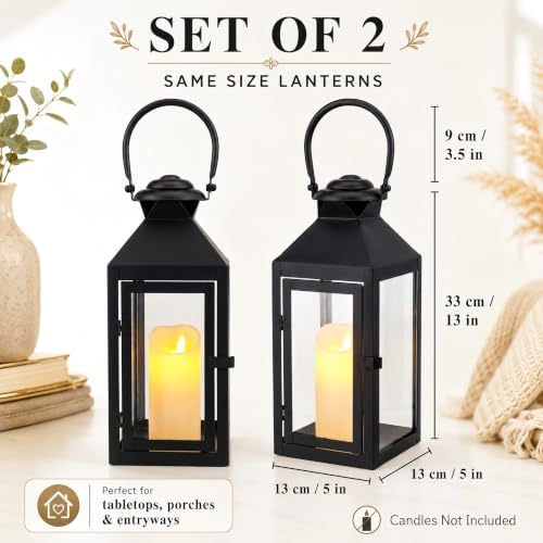 JHY DESIGN Set of 2 Farmhouse Decorative Lanterns 13" H Hurricane Candle Lanterns Rustic Lanterns Centerpieces for Home Garden Front Porch Indoor Outdoor Paritie and Wedding(Black) - Image 2