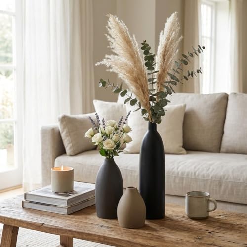 Ceramic Vase Set of 3, Matte Black Gray Taupe Vases, Modern Farmhouse Minimalist Decor, Waterproof Decorative Vases for Home, Shelf Mantel Table Centerpieces - Image 6