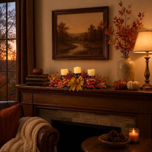 25 Inch Fall Candle Holder Centerpiece with Berry Branches and Bow - Image 7