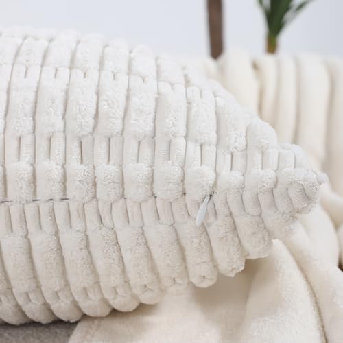 All Smiles Decorative Cream Throw Pillow Covers 18x18 Set of 4 Farmhouse Rustic Boho Home Decor Soft Plush Striped Corduroy Square Cushion Case for Living Room Couch Bed Sofa - Image 3