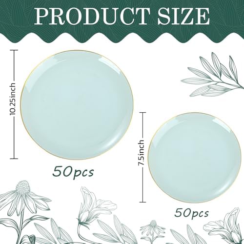 PULOTE 100PCS Sage Green Plastic Plates - Disposable Sage Green Include 50 Dinner / 50 Dessert Plates for Party, Wedding&Easter - Image 2