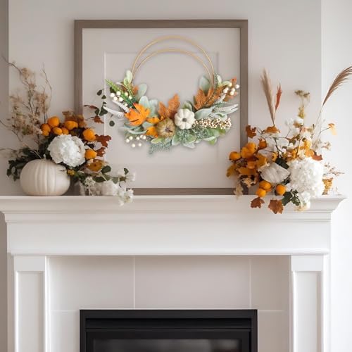 (2pcs) 16-inch Fall Wreath Handmade Rabbit Ear Leaf Maple Leaf White Berry Pumpkin Iron Wreath Front Door Window Farmhouse Decor Thanksgiving Halloween Harvest Festival Party Wedding Decor - Image 6