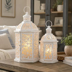 Lanterns Decorative Outdoor&Indoor, Set of 2 (15"&7") White Metal Lantern Decor, Candle Holder for Porch, Patio, Christmas, Balcony, Wedding, Table Centerpiece by NEEDOMO-LightUpYourSpace