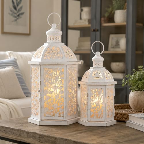 Lanterns Decorative Outdoor&Indoor, Set of 2 (15"&7") White Metal Lantern Decor, Candle Holder for Porch, Patio, Christmas, Balcony, Wedding, Table Centerpiece by NEEDOMO-LightUpYourSpace