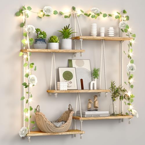 Hanging Shelves for Wall,Macrame Hanging Plant Shelf with Vine Lights 5 Tier Rope Floating Shelf Wood Organizer Storage Rack Boho Wall Decor Aesthetic for Succulents Bedroom Bathroom Kitchen by FKSLIFE