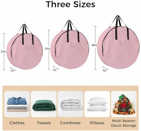 30 Inch Round Storage Bag 1 Pack,Pure Color Pink Waterproof Wreath Storage Container with Handles&Zipper Monochrome Closet Organizer Bags Garland Box - Image 7