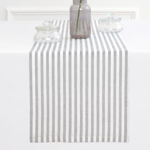 Solino Home 100% Linen Table Runner, 14 x 108 in, Grey and White Striped by SolinoHome
