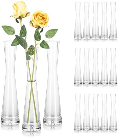 Hewory Glass Bud Vases for Centerpieces Set of 18, Handmade Modern Clear Small Skinny Decorative Single Flower Vase, Minimalist Slim Floral Vase for Home Wedding Party Events Table Decor, 9.64" by Hewory