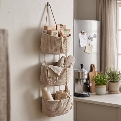 Wall Hanging Rope Baskets 3-Tier Boho Organizers(Flax Brown & Black, Large) - Image 7