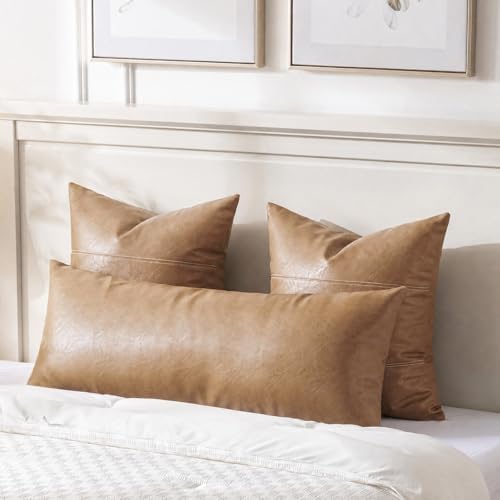 Fancy Homi Light Brown Boho Long Lumbar Faux Leather Body Decorative Throw Pillow Cover 14x36 Inch for Bedroom Couch Bed Sofa, Thick Stylish Solid Square PillowCase, Rustic Modern Farmhouse Room Decor - Image 3
