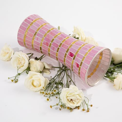 Pink Mosaic Glass Vase,11.8 Inch Mosaic Pink Vase for Living Room Bedroom Bouquets Wedding, Handmade Flower Vase for Home Decor - Image 5