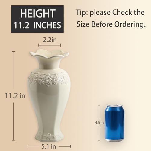 Relievo Elegant White Cream 8in 11in Ceramic Flower Tall Aesthetic Beige Table Tulip Wide Mouth Rose Filler Decorative Rustic Vase Decor for Home (Cream Vase, L) - Image 2