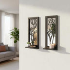 ZEXUIRU 2 Set Rustic Candle Sconces Living Room Bedroom Entryway Wood Mirrored, Farmhouse, Carved Frame Wall-Mount Wooden Candle Holders Wall Decor Hanging Handmade Holder - Black - Image 5