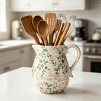 Ceramic Green and White Floral Vase with Handle, Rustic Farmhouse Pitcher Flower Vase, Chinoiserie Floral Vase for Home Decor, Living Room, Shelf, Office, Rustic Table Centerpiece 8 Inch - Image 2