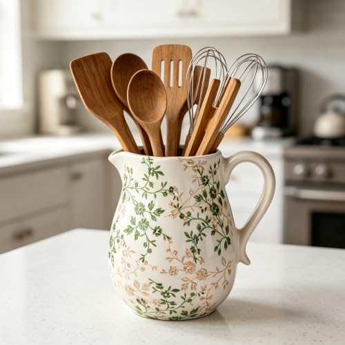 Ceramic Green and White Floral Vase with Handle, Rustic Farmhouse Pitcher Flower Vase, Chinoiserie Floral Vase for Home Decor, Living Room, Shelf, Office, Rustic Table Centerpiece 8 Inch - Image 2