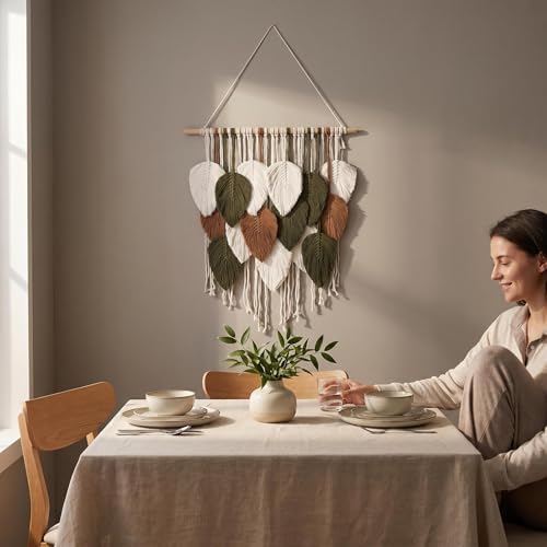 Jditngp Macrame Wall Hanging Leaf Boho Woven Tapestry,Cotton Cord Weave Tassels Home Decorations Modern Bohemian Handmade Leaf Feather Nordic Wall Art Decor for Living Room Bedroom Apartment 23.6"W X 31.5"L - Image 6