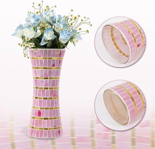 Pink Mosaic Glass Vase,11.8 Inch Mosaic Pink Vase for Living Room Bedroom Bouquets Wedding, Handmade Flower Vase for Home Decor - Image 2