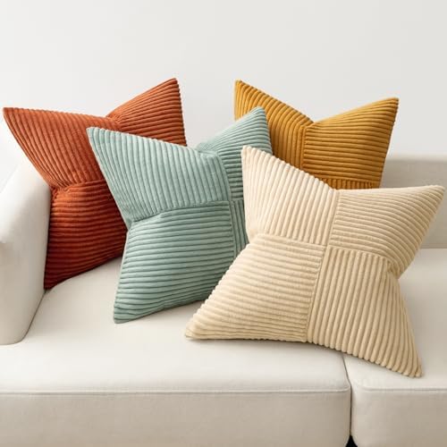 MIULEE Fall Teal-Orange Decorative Throw Pillow Covers 22x22 Inch Set of 4 Boho Corduroy Striped Cushion Cases Modern Farmhouse Patchwork Pillow Cases for Couch Sofa Bedroom Home Decor - Image 5